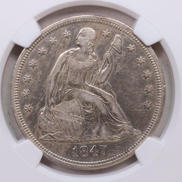 1847 Seated Liberty Silver Dollar, Circulated, NGC AU-53, Store #GDR0295.