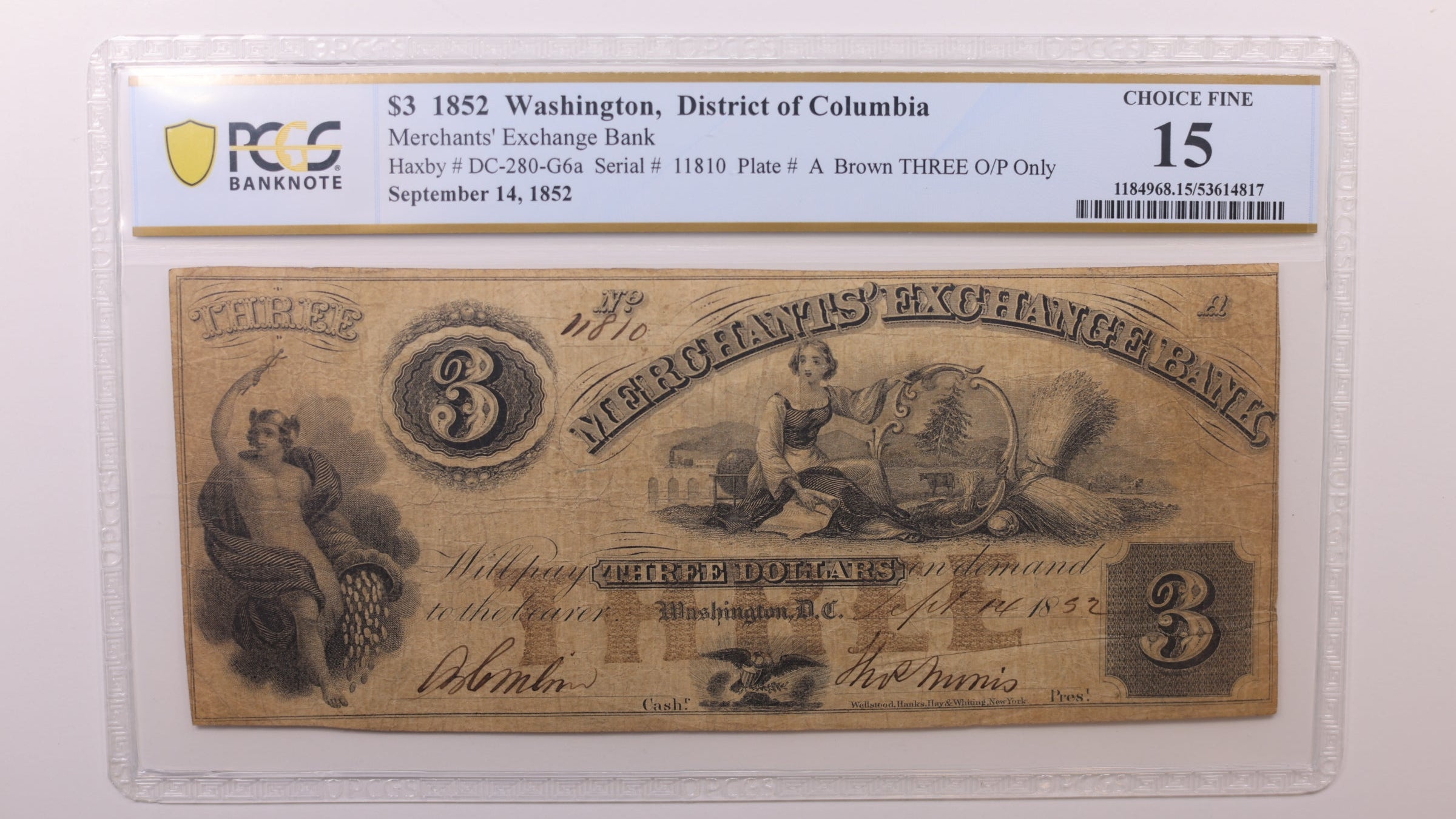 1852 $3 Washington D.C. Obsolete Currency, PCGS Fine-15, STORE #GDC040.