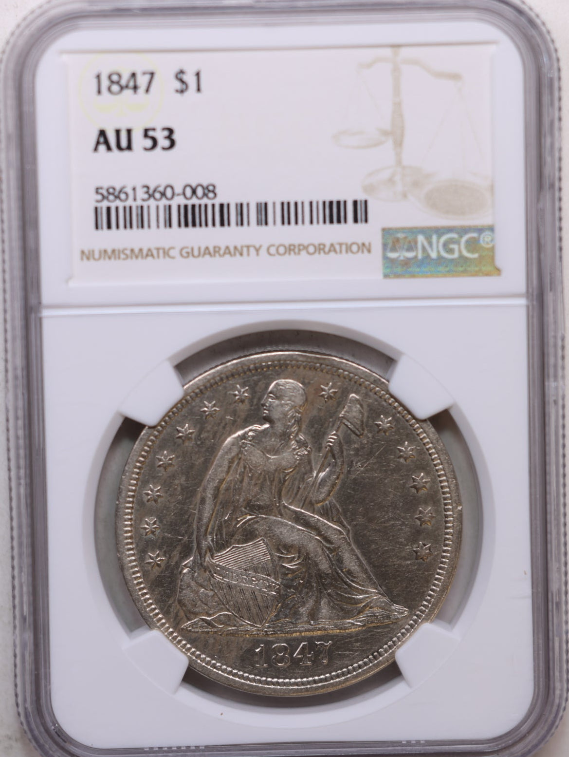 1847 Seated Liberty Silver Dollar, Circulated, NGC AU-53, Store #GDR0295.