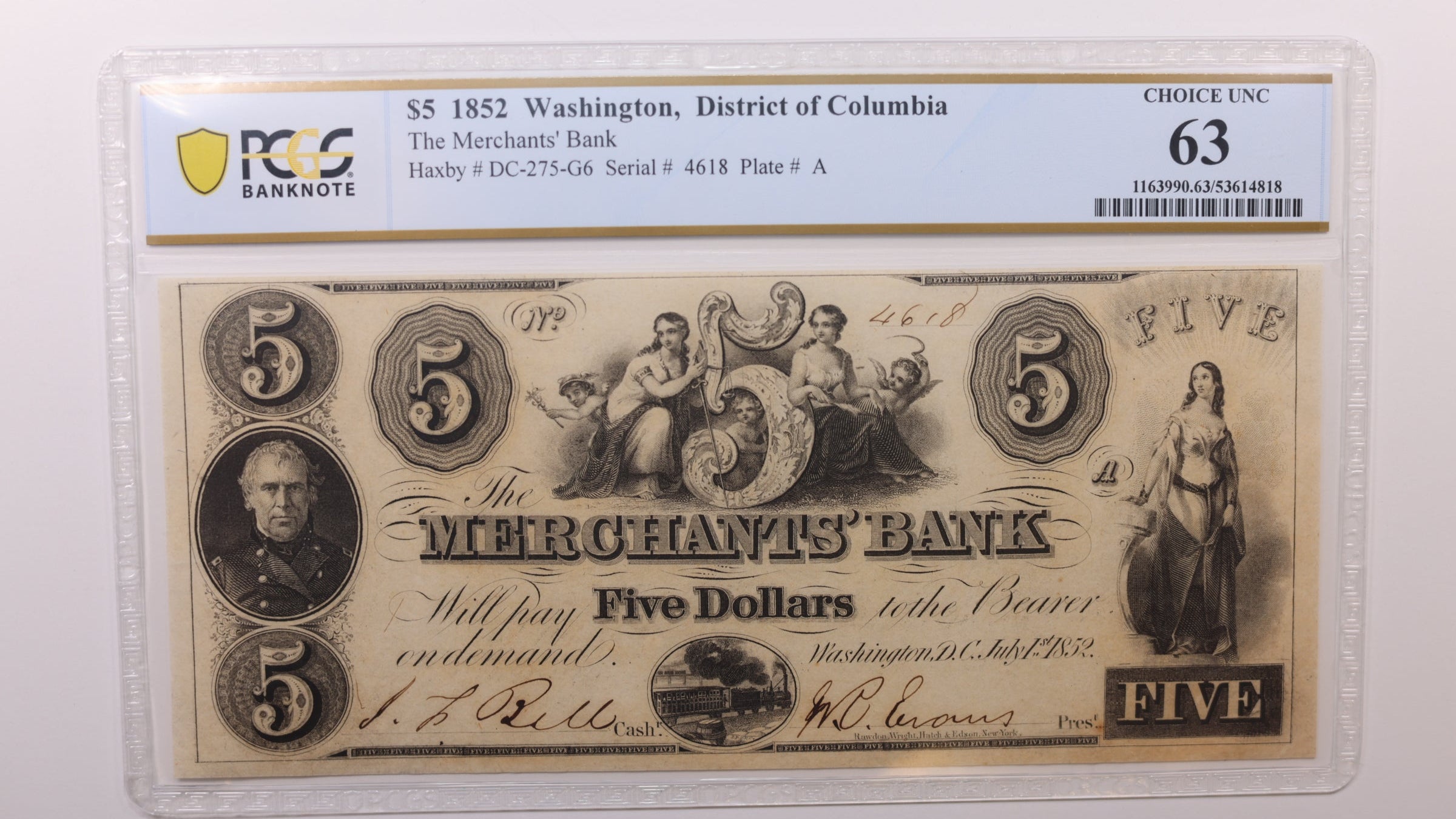 1852 $5 Washington D.C. Obsolete Currency, PCGS CU63, STORE #GDC041.