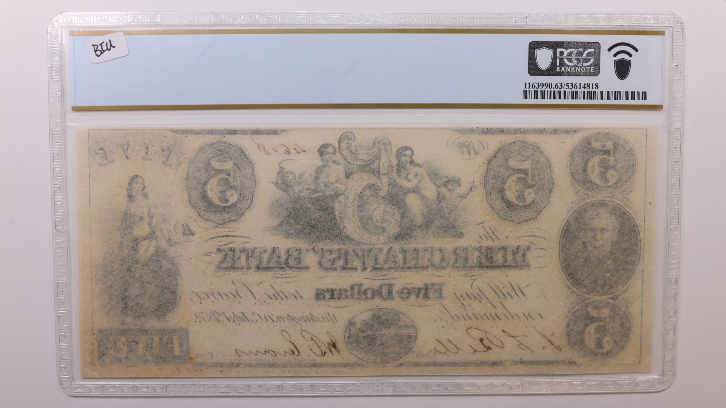 1852 $5 Washington D.C. Obsolete Currency, PCGS CU63, STORE #GDC041.