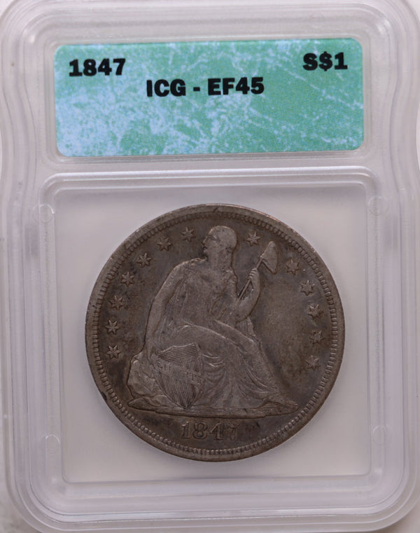 1847 Seated Liberty Silver Dollar, Circulated, ICG EF-45, Store #GDR0296.