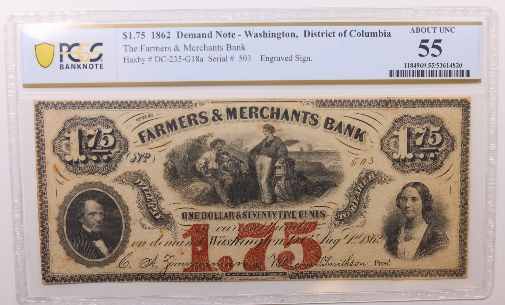 1862 $1.75 Washington D.C. Obsolete Currency, PCGS AU-55, STORE #GDC043.