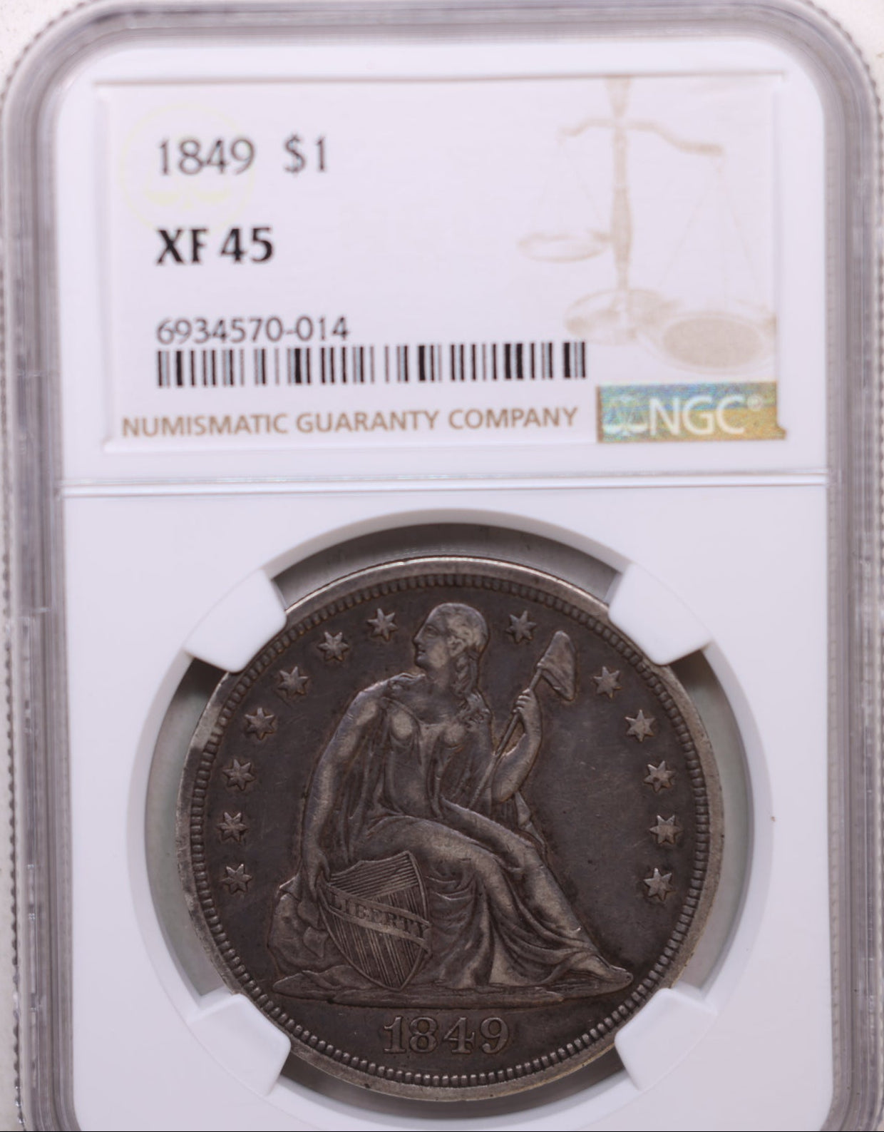 1849 Seated Liberty Silver Dollar, Circulated, NGC XF-45, Store #GDR0297.