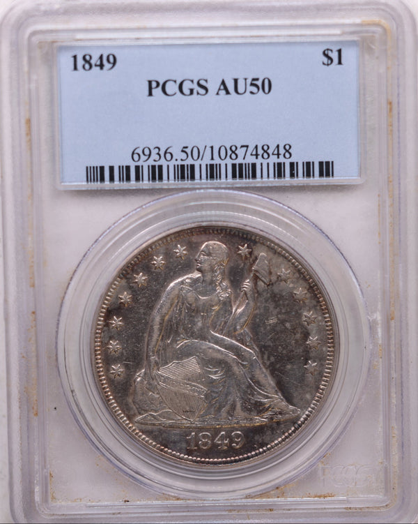 1849 Seated Liberty Silver Dollar, Circulated, PCGS AU-50, Store #GDR0298.