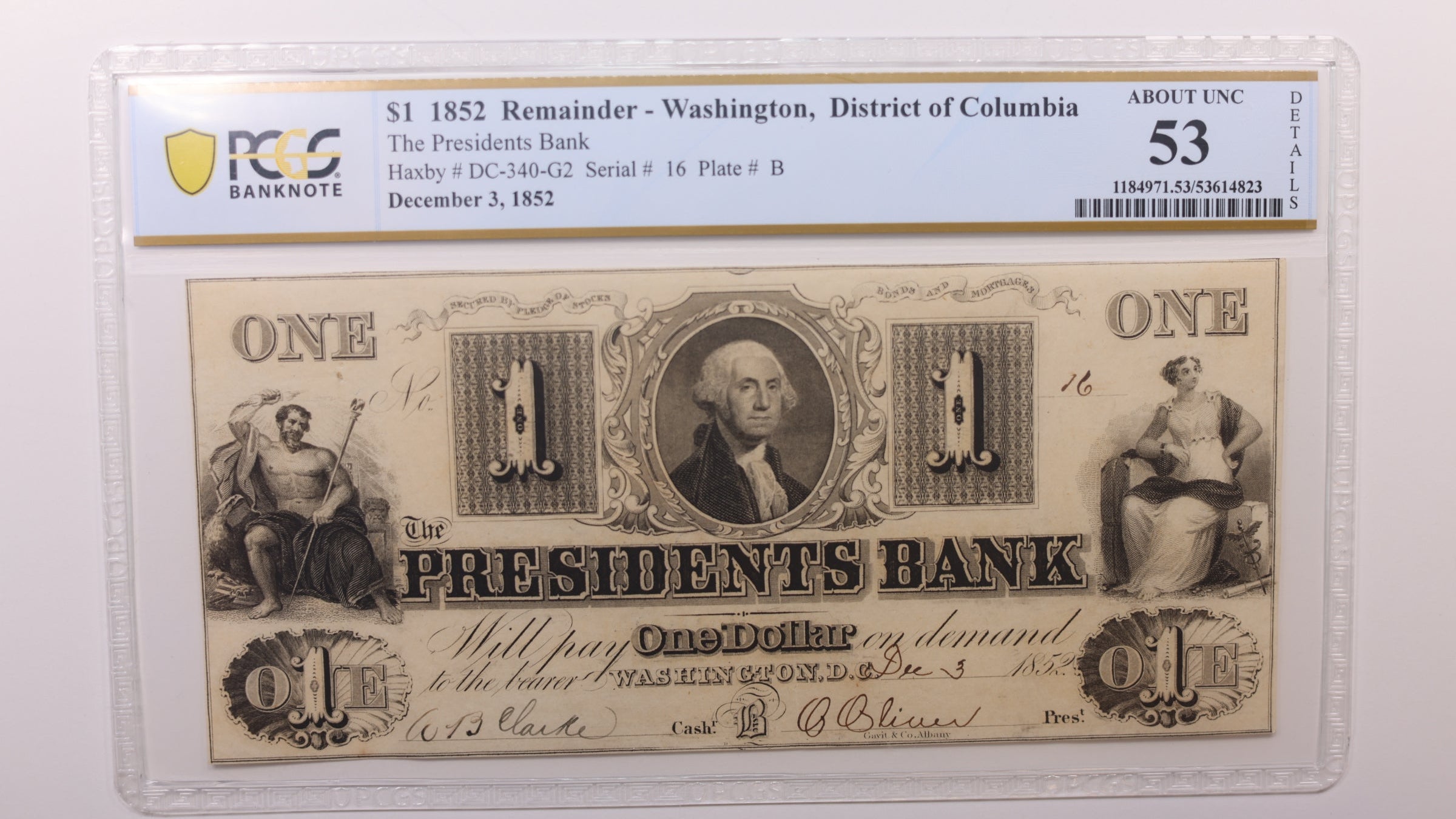 1852 $1 Washington D.C. Obsolete Currency, PCGS AU53, STORE #GDC046.