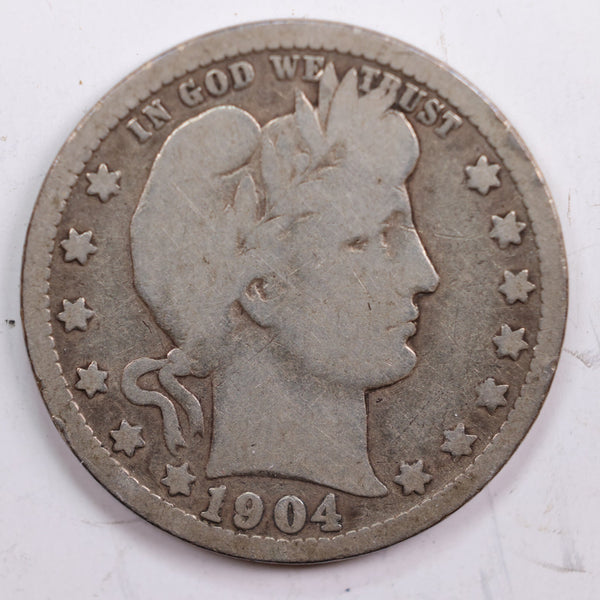 1904-O Barber Quarter, Very Good Circulated Coin, Store #QR698
