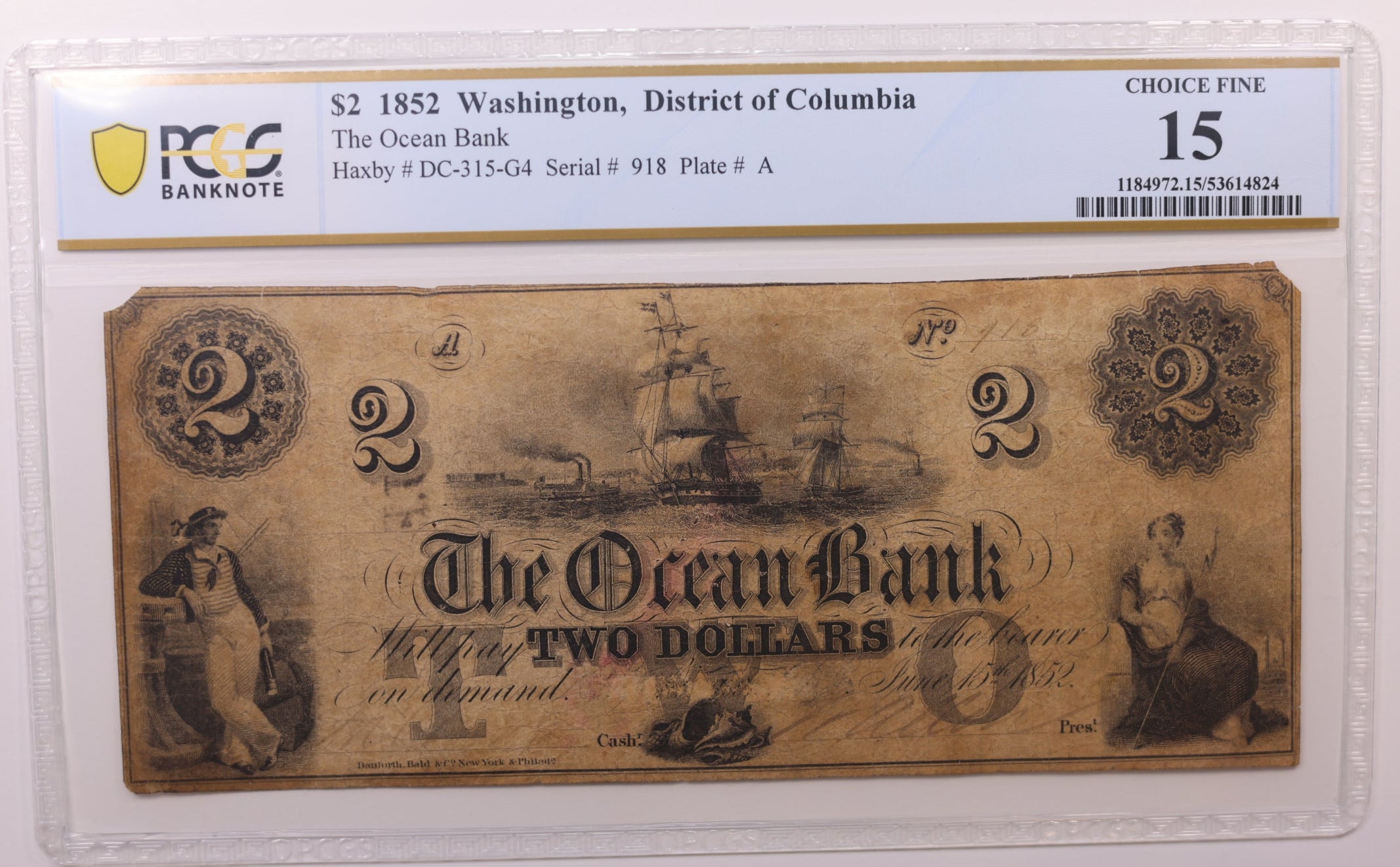 1852 $2 Washington D.C. Obsolete Currency, PCGS Fine15, STORE #GDC047.