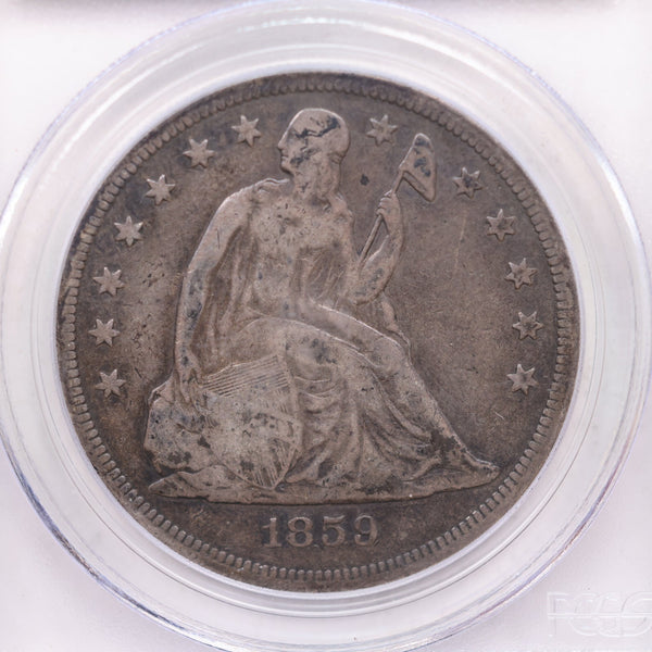 1859-S Seated Liberty Silver Dollar, Circulated, PCGS Fine-12, Store #GDR0299.
