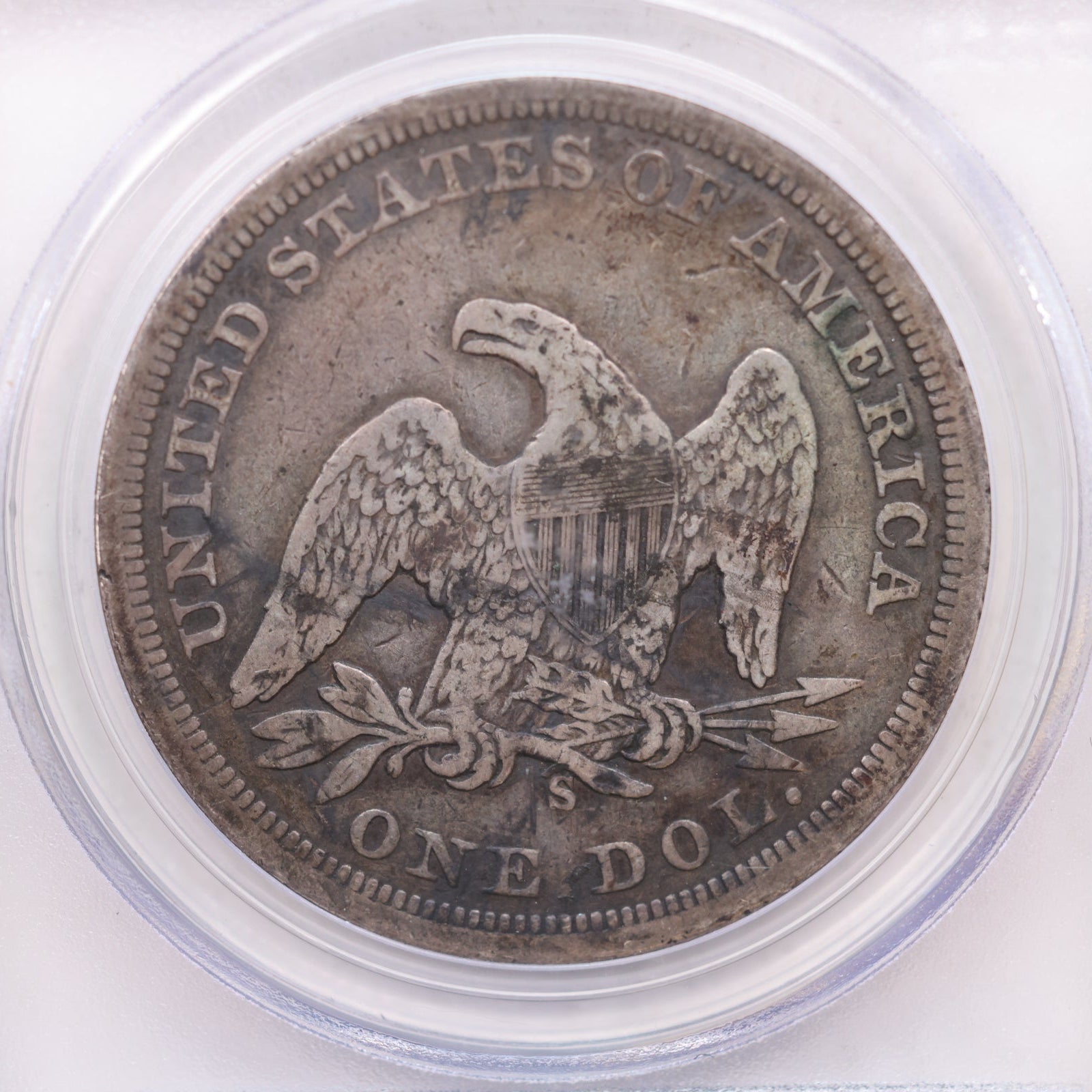 1859-S Seated Liberty Silver Dollar, Circulated, PCGS Fine-12, Store #GDR0299.
