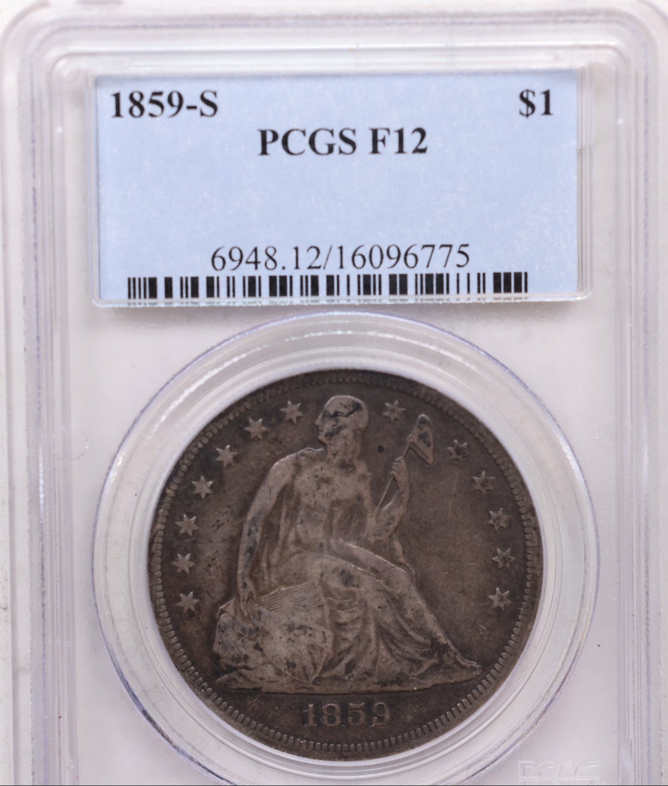 1859-S Seated Liberty Silver Dollar, Circulated, PCGS Fine-12, Store #GDR0299.