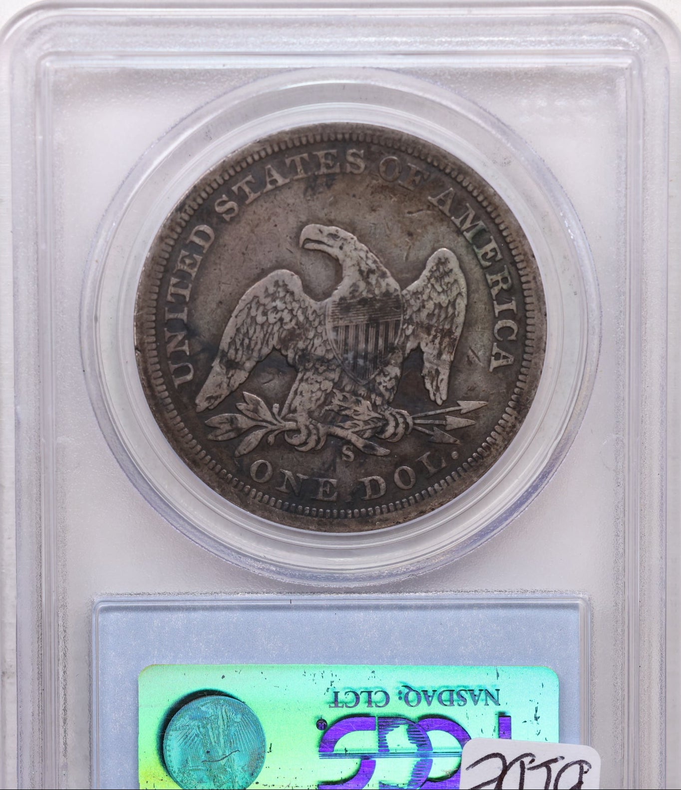 1859-S Seated Liberty Silver Dollar, Circulated, PCGS Fine-12, Store #GDR0299.