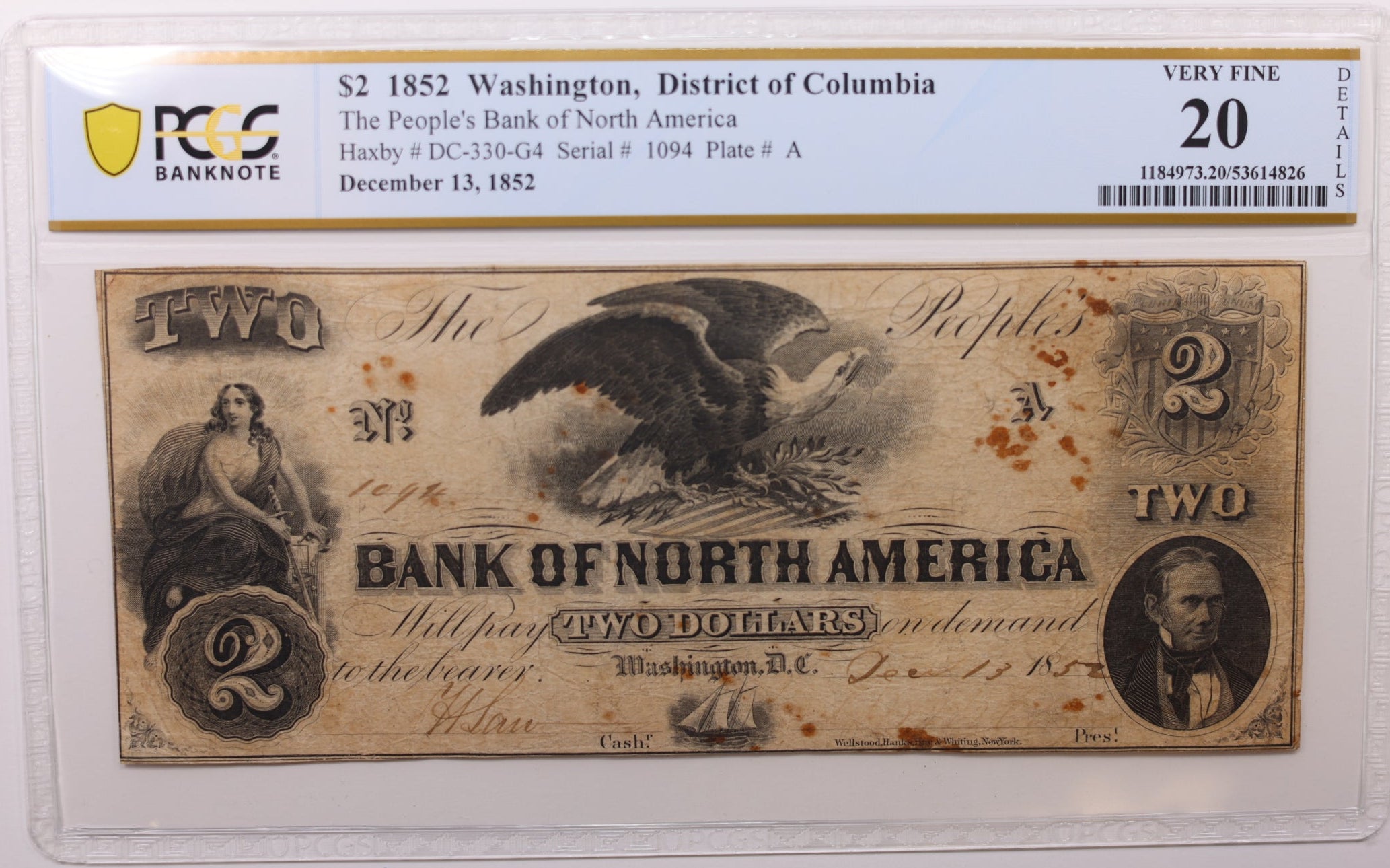 1852 $2 Washington D.C. Obsolete Currency, PCGS VF20, STORE #GDC049.