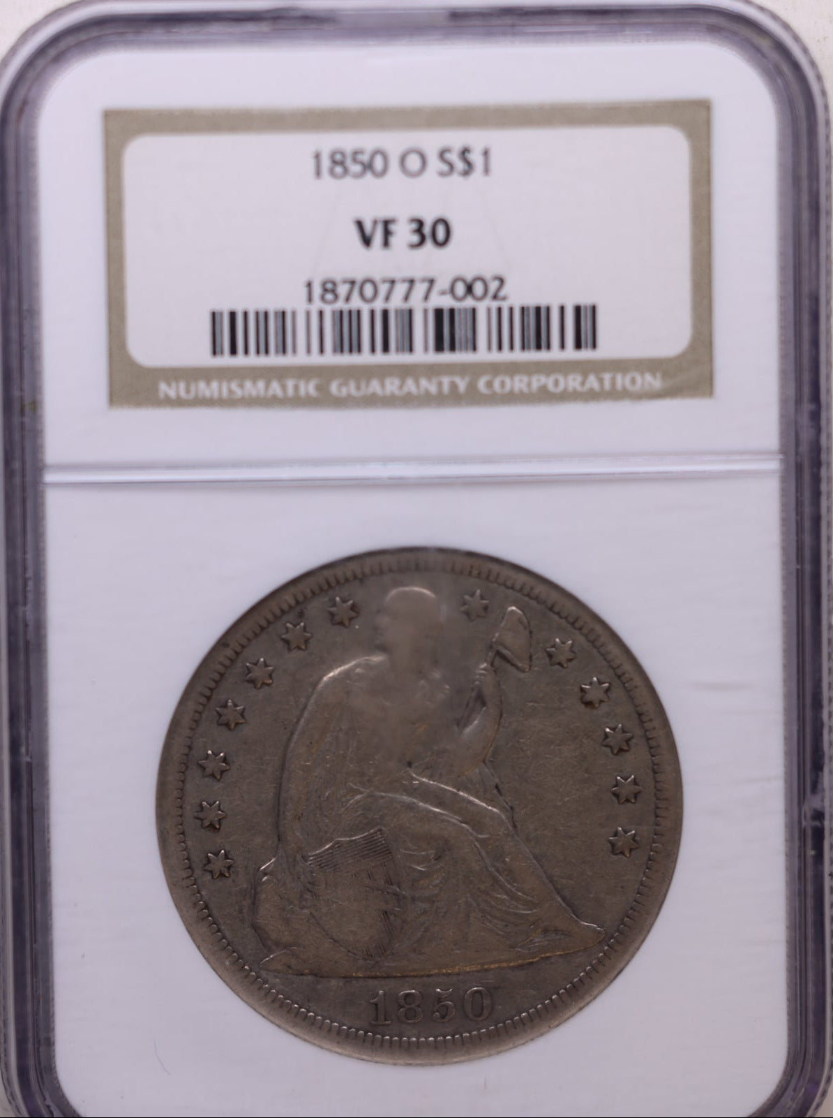 1850-O Seated Liberty Silver Dollar, Circulated, NGC VF-30, Store #GDR0300.