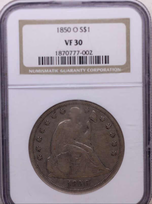 1850-O Seated Liberty Silver Dollar, Circulated, NGC VF-30, Store #GDR0300.
