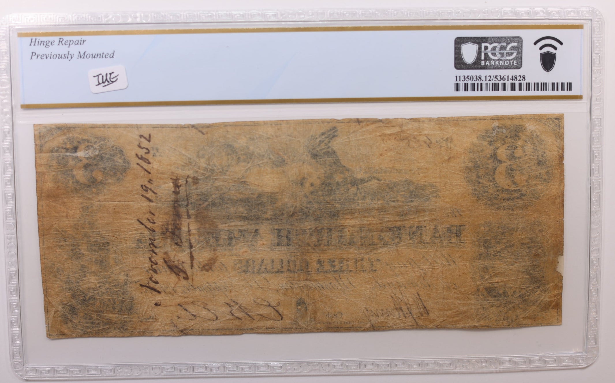 1852 $3 Washington D.C. Obsolete Currency, PCGS Fine-12, STORE #GDC051.