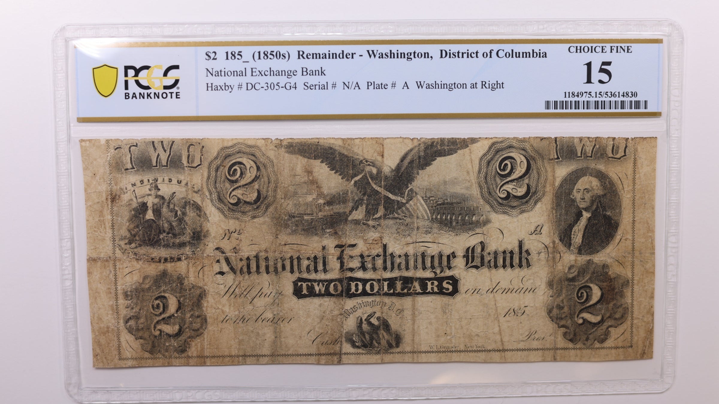 185_ $2 Washington D.C. Obsolete Currency, PCGS Fine-15, STORE #GDC053.