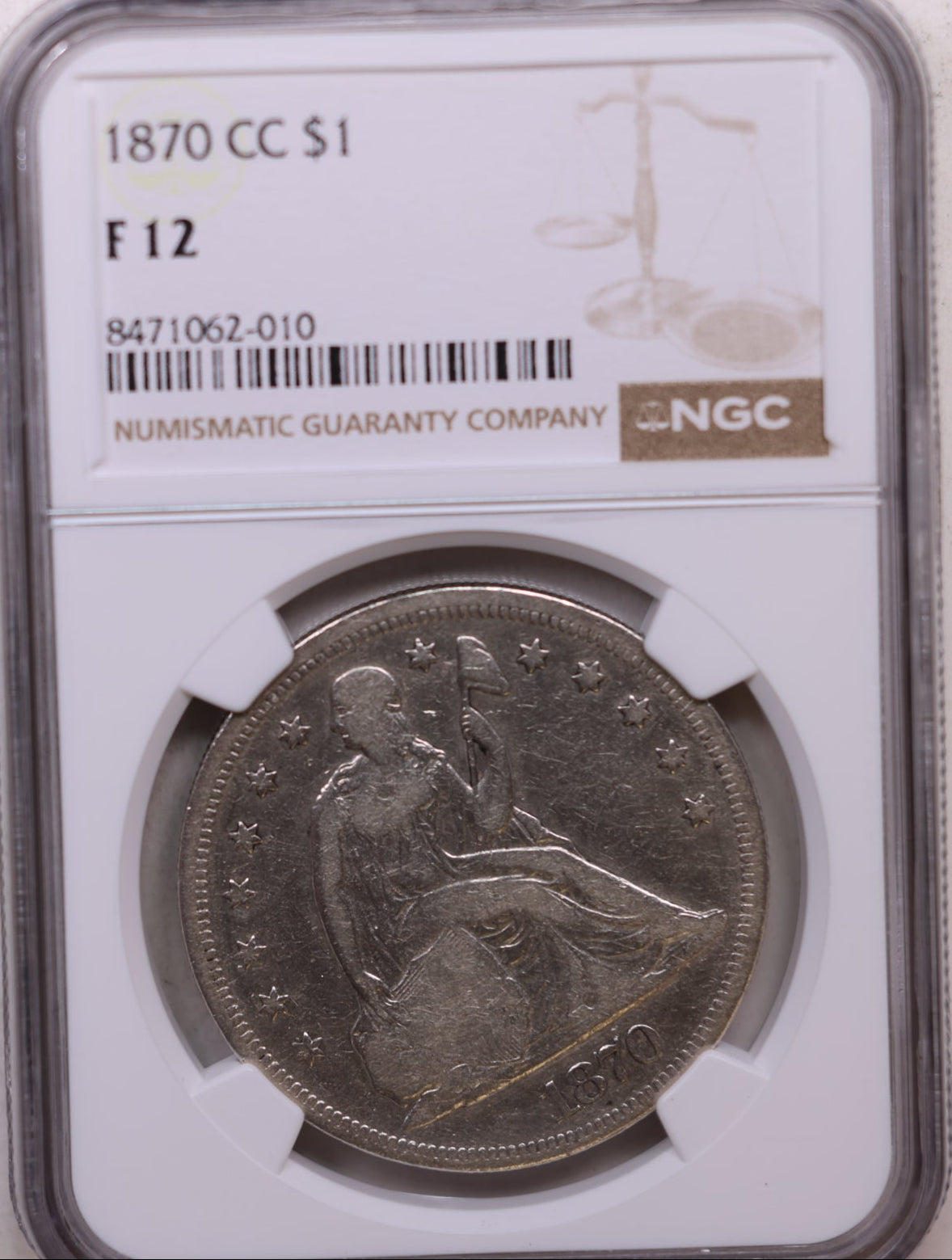 1870-CC Seated Liberty Silver Dollar, Circulated, NGC Fine-12, Store #GDR0302.