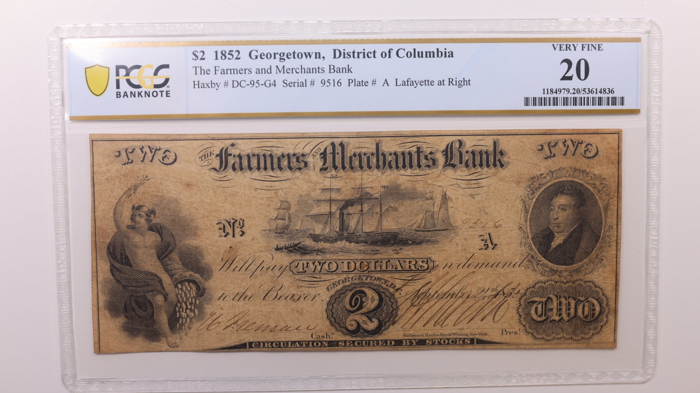 1852 $2 Georgetown, D.C. Obsolete Currency, PCGS VF20, STORE #GDC059.