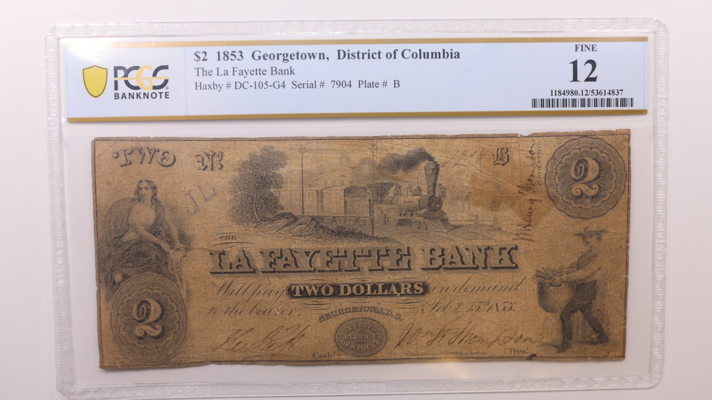 1853 $2 Georgetown, D.C. Obsolete Currency, PCGS Fine-12, STORE #GDC060.