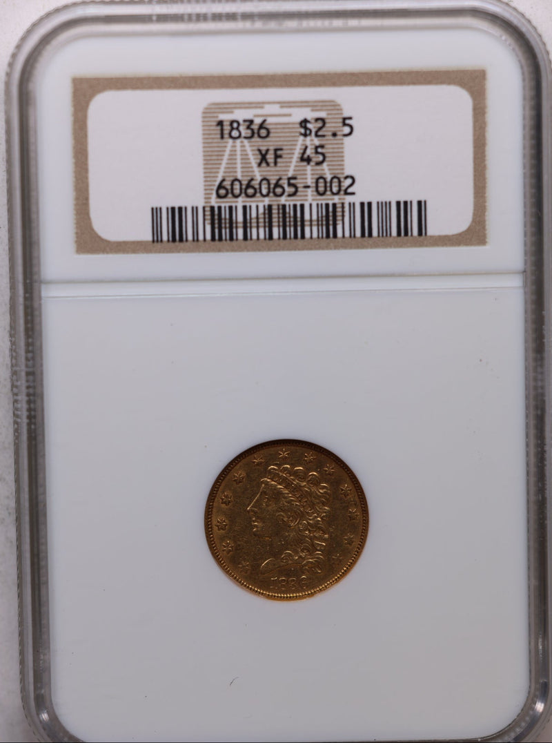 1836 $2.50 Quarter Eagle, Classic Head, Circulated, NGC XF-45, Store Sale