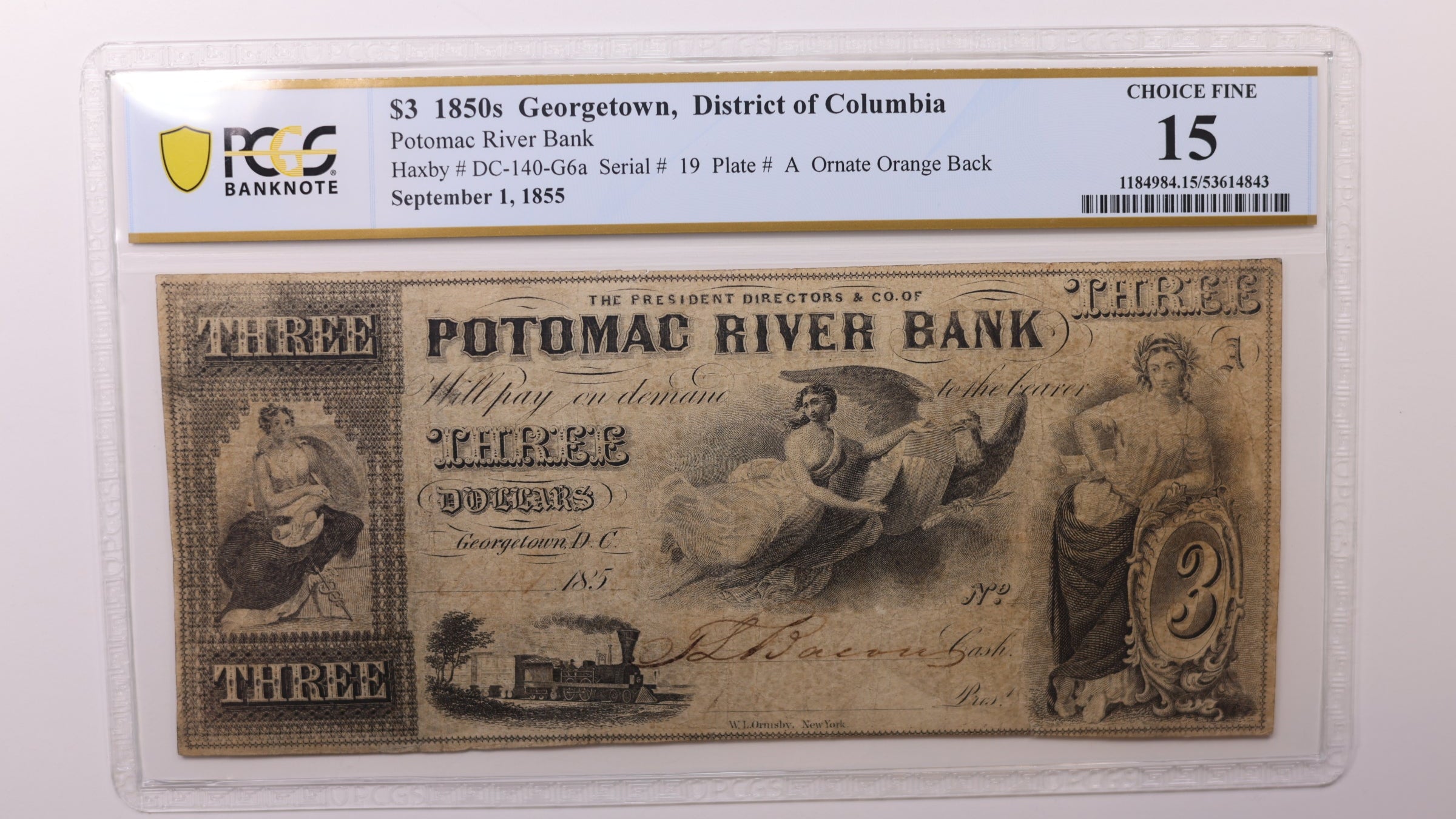 1855 $3 Washington, D.C. Obsolete Currency, PCGS Fine-15, STORE #GDC066.