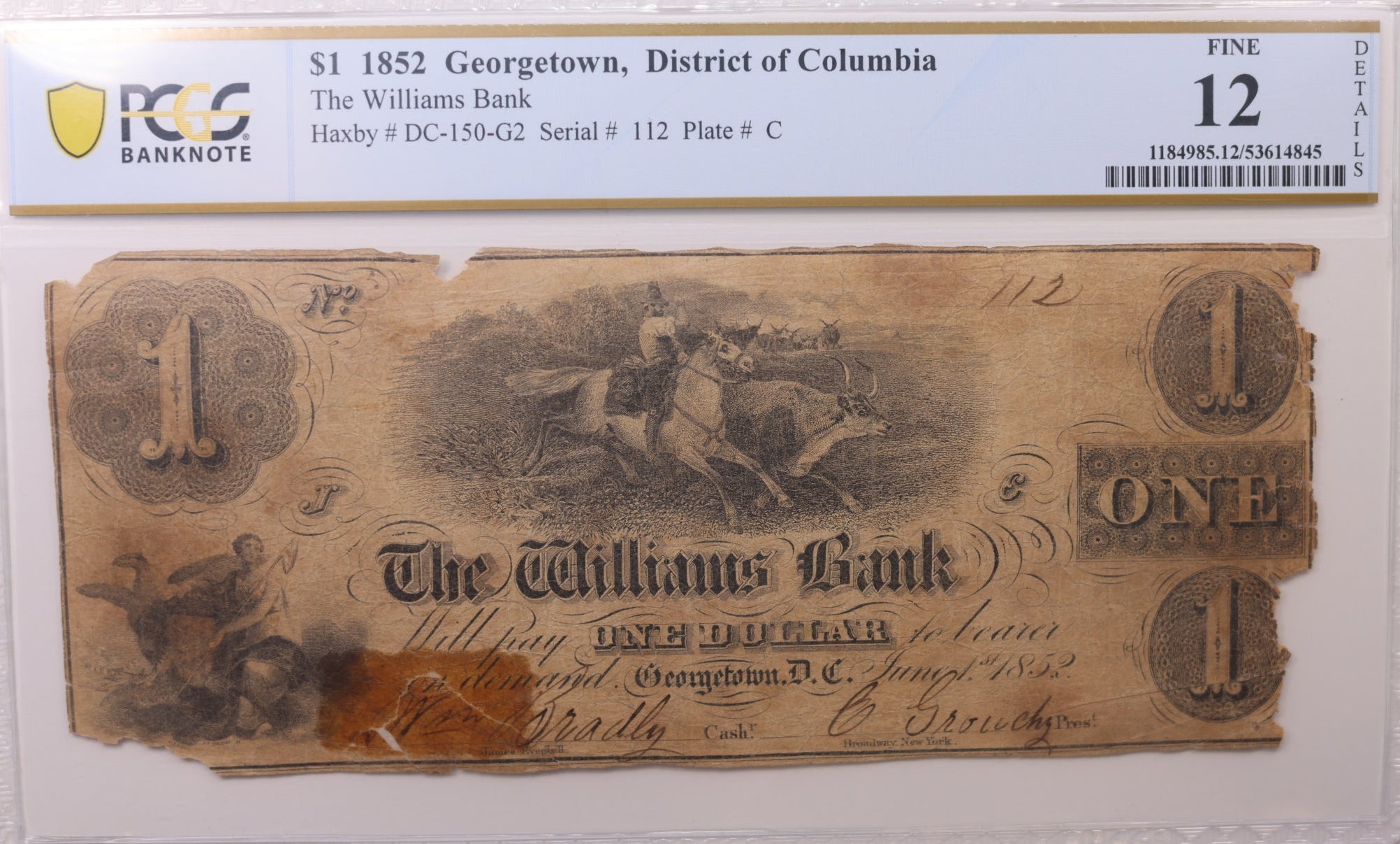 1852 $1 Georgetown, D.C. Obsolete Currency, PCGS Fine-12, STORE #GDC067.