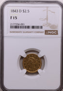 1843-D $2.50, Gold Quarter Eagle, DAHLONEGA Mint, NGC Fine-15, Store Sale