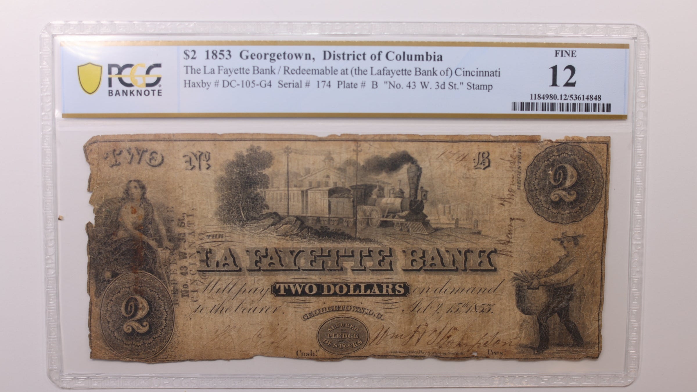 1853 $2, Georgetown, D.C. Obsolete Currency , PCGS Fine12, STORE #GDC071.