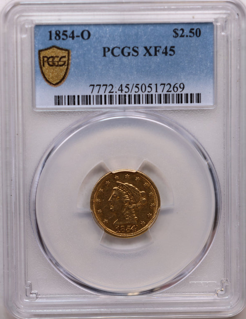 1854-O $2.50, Gold Quarter Eagle, Circulated Coin, PCGS XF-45, Store Sale