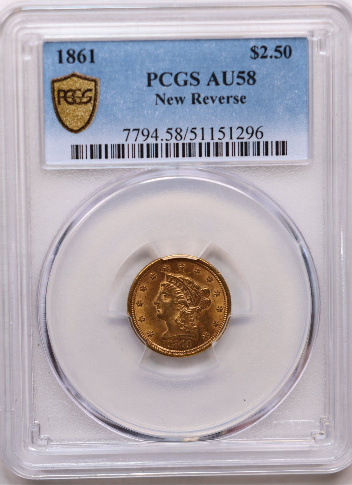 1861 $2.50 Quarter Gold Eagle, New Reverse, PCGS AU-58, Store Sale #G0145.