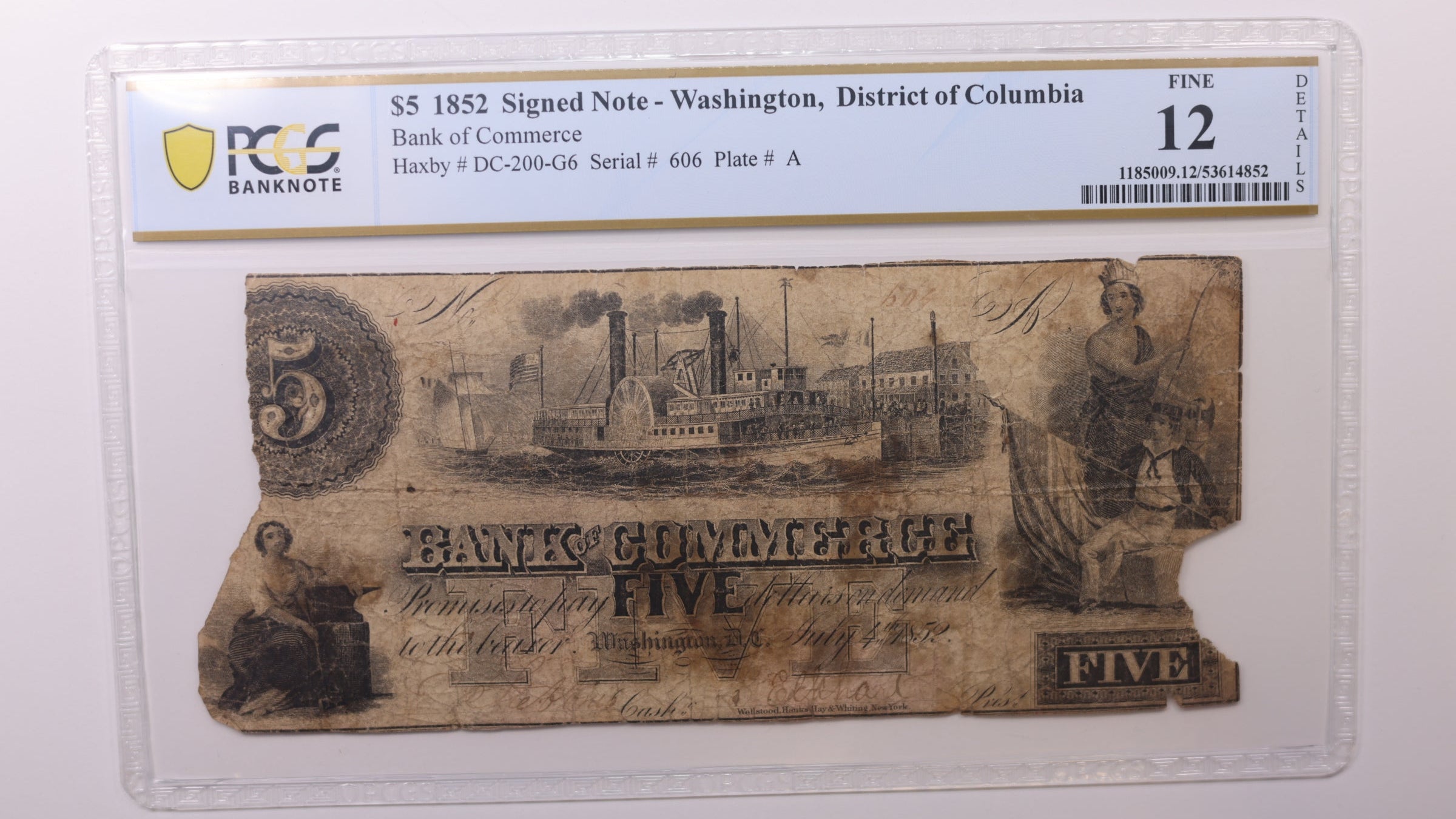 1852 $5, Washington, D.C. Obsolete Currency , PCGS F-12, STORE #GDC075.