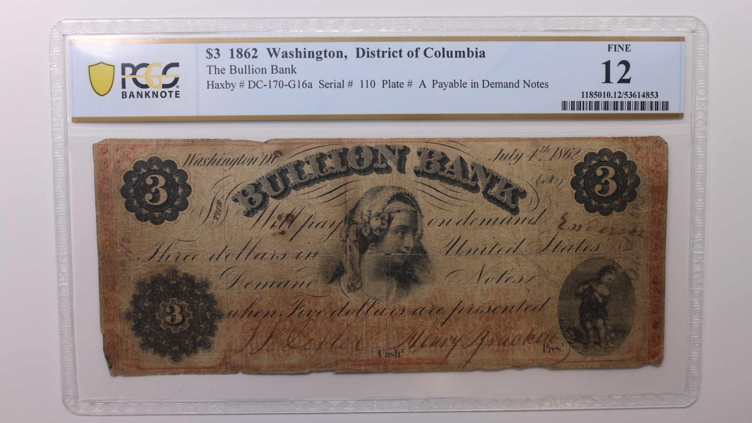 1862 $3, Washington, D.C. Obsolete Currency , PCGS F-12, STORE #GDC076.
