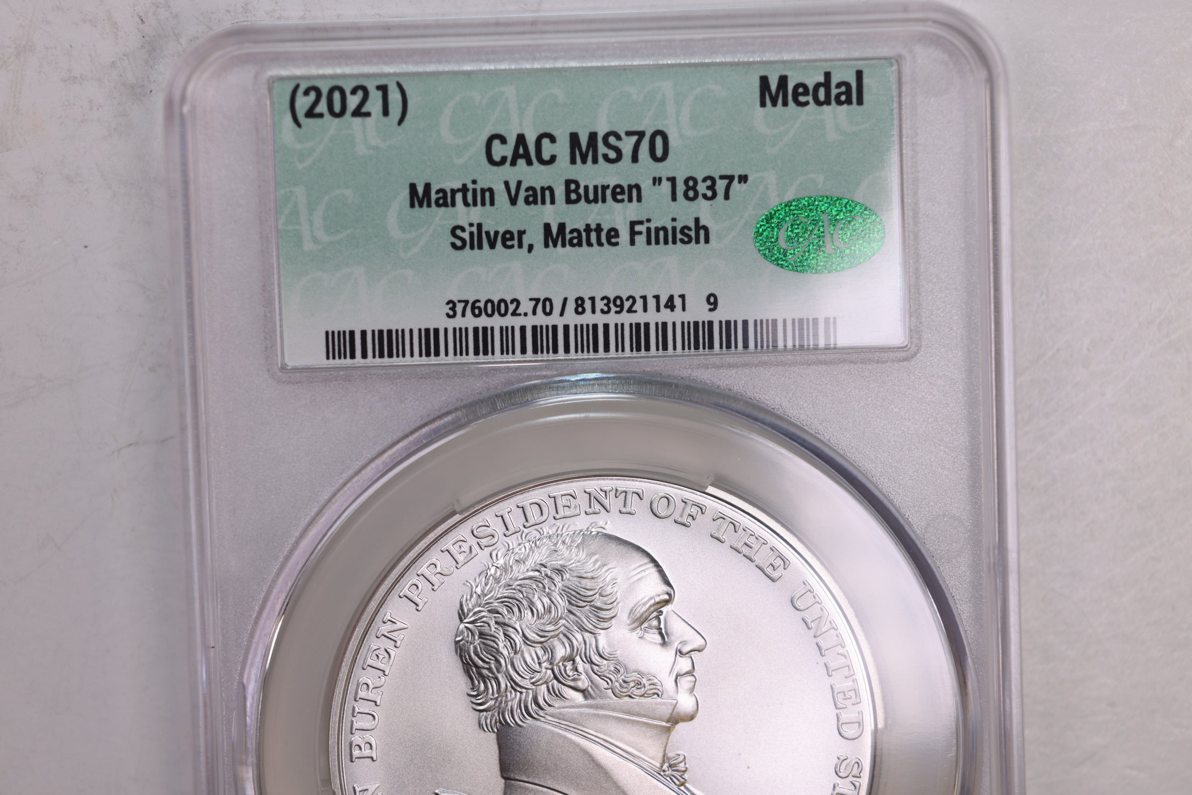 2021 Martin Van Buren, "1837", U.S. Mint Silver Medal, CAC MS70, Store GMC121