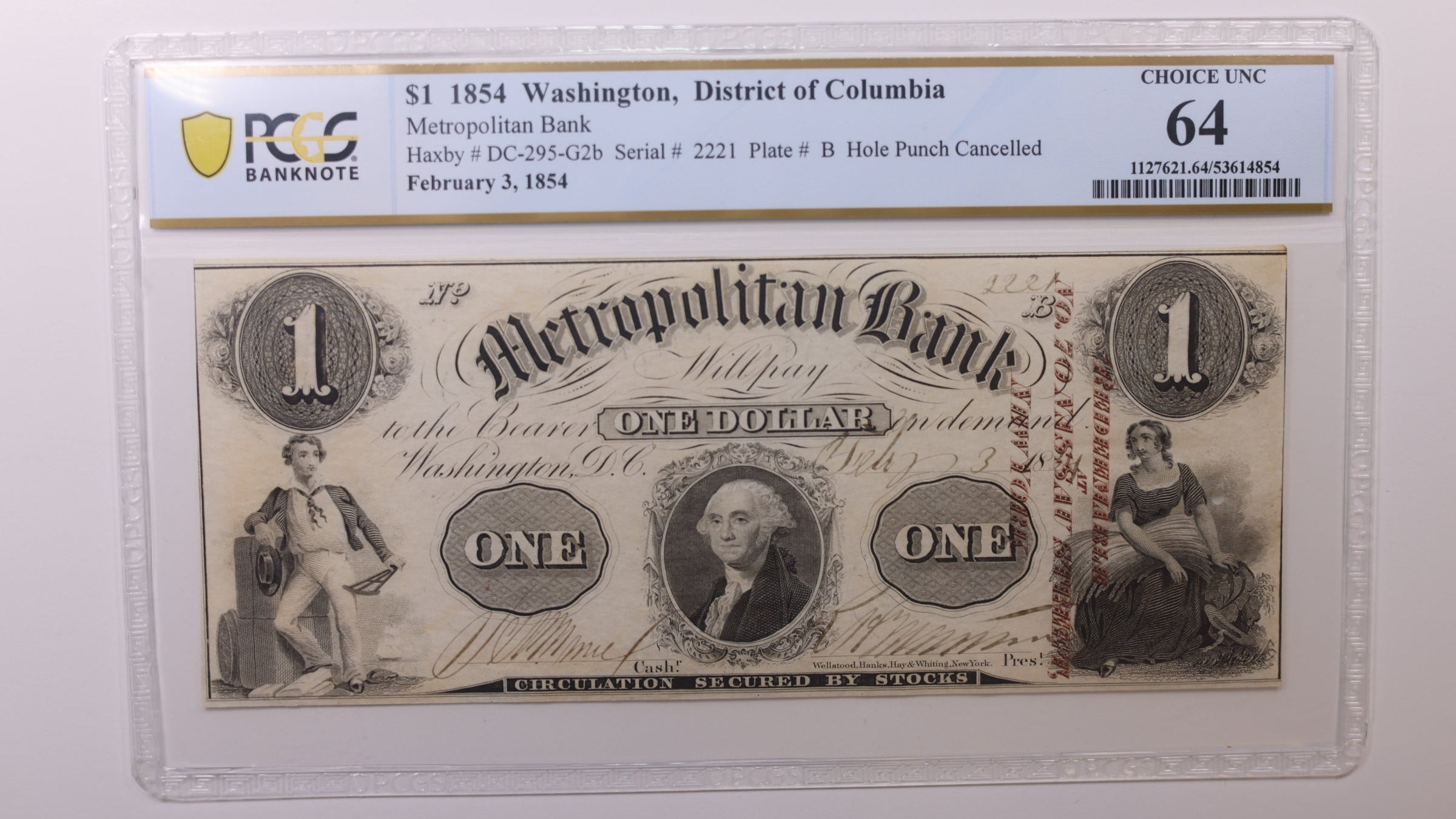 1854 $1, Washington, D.C. Obsolete Currency , PCGS CU64, STORE #GDC077.