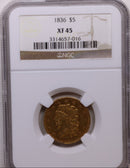 1836 $5, Gold Half Eagle, Circulated Coin, NGC XF-45, Store Sale