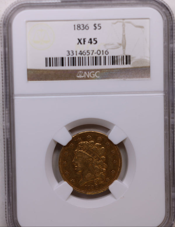 1836 $5, Gold Half Eagle, Circulated Coin, NGC XF-45, Store Sale #G0147.