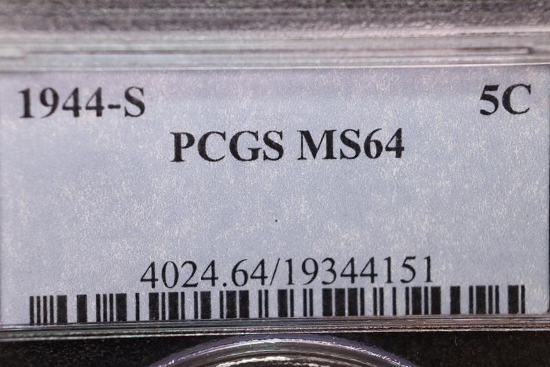 1944-S Jefferson Silver Nickel. PCGS Certified,. Store Sale