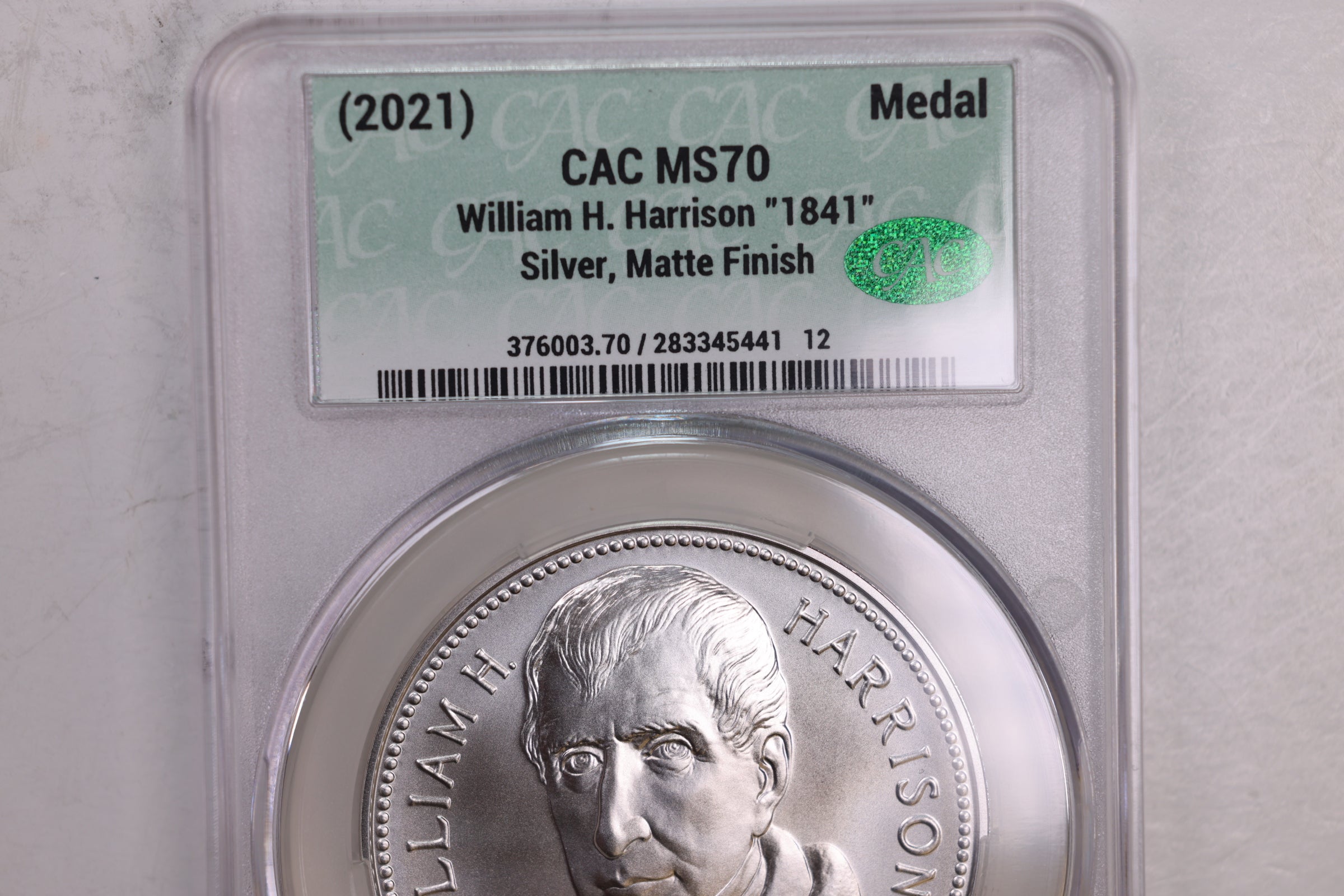 2021 William H. Harrison, "1841", U.S. Mint Silver Medal, CAC MS70, Store GMC124