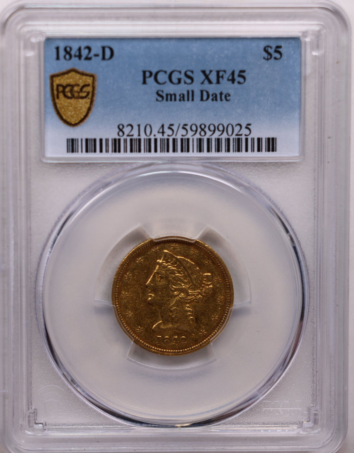 1842-D $5, Gold Half Eagle, Small Date, Circulated Coin, PCGS XF-45, Store Sale #G0149.