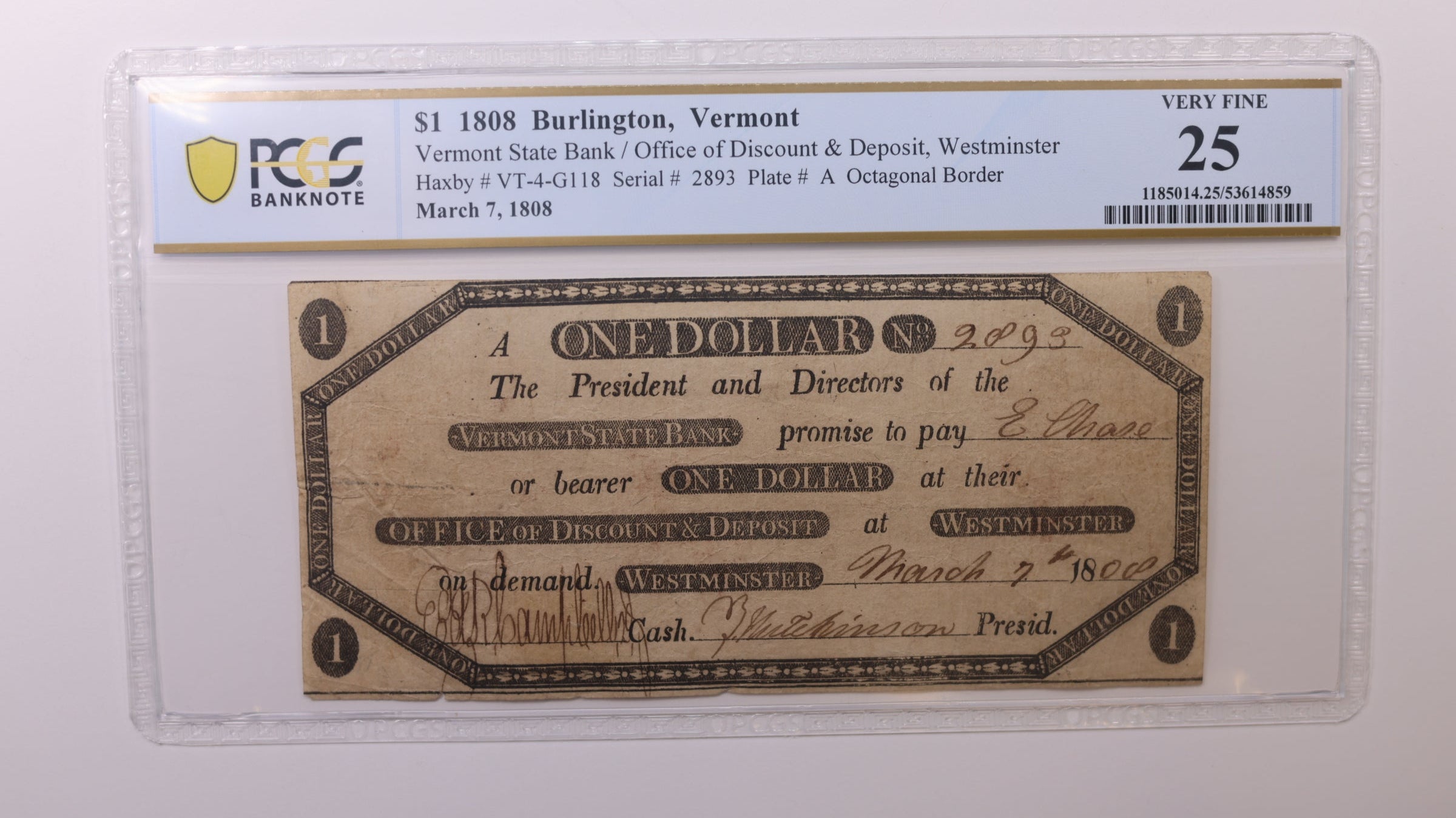 1808 $1, Burlington, Vermont, Obsolete Currency, PCGS VF25, Store #GVT006.