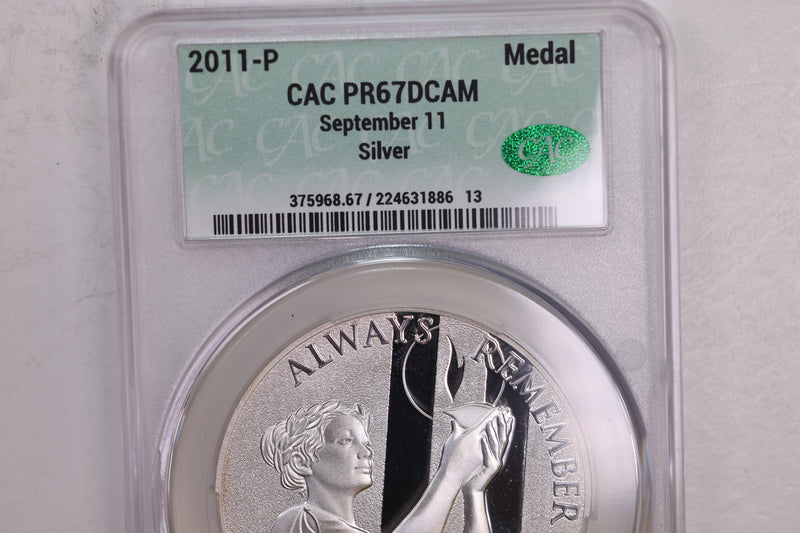 2011-P September 11., "Remember"., U.S. Mint Silver Medal., CAC PR67., Store GMC125