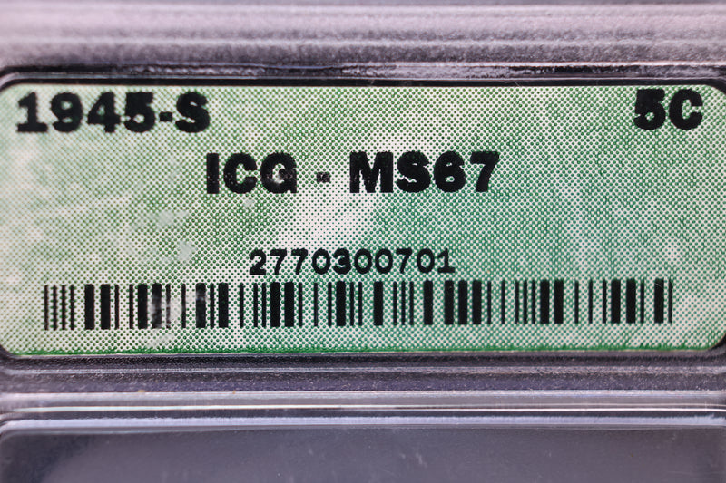 1945-S Jefferson Silver Nickel. ICG Certified,. Store Sale