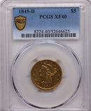 1845-D $5, Gold Half Eagle, Circulated Coin, PCGS XF-40, Store Sale