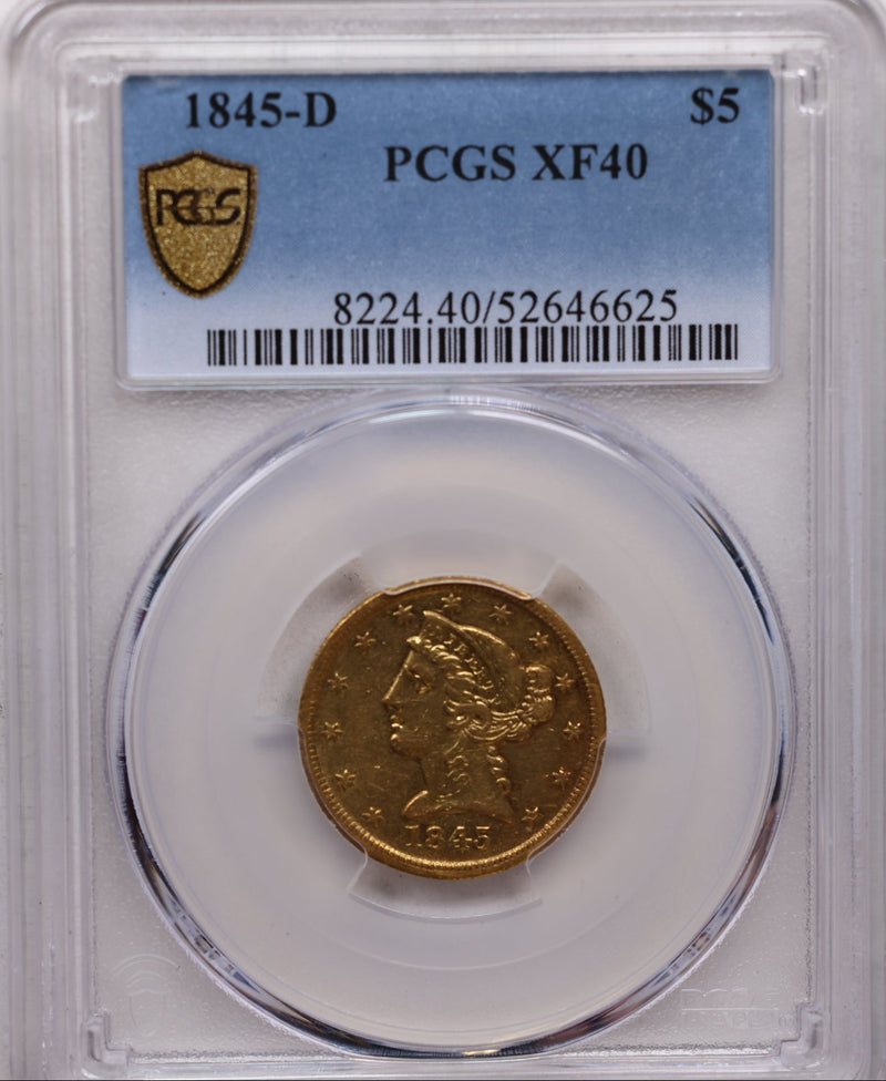 1845-D $5, Gold Half Eagle, Circulated Coin, PCGS XF-40, Store Sale