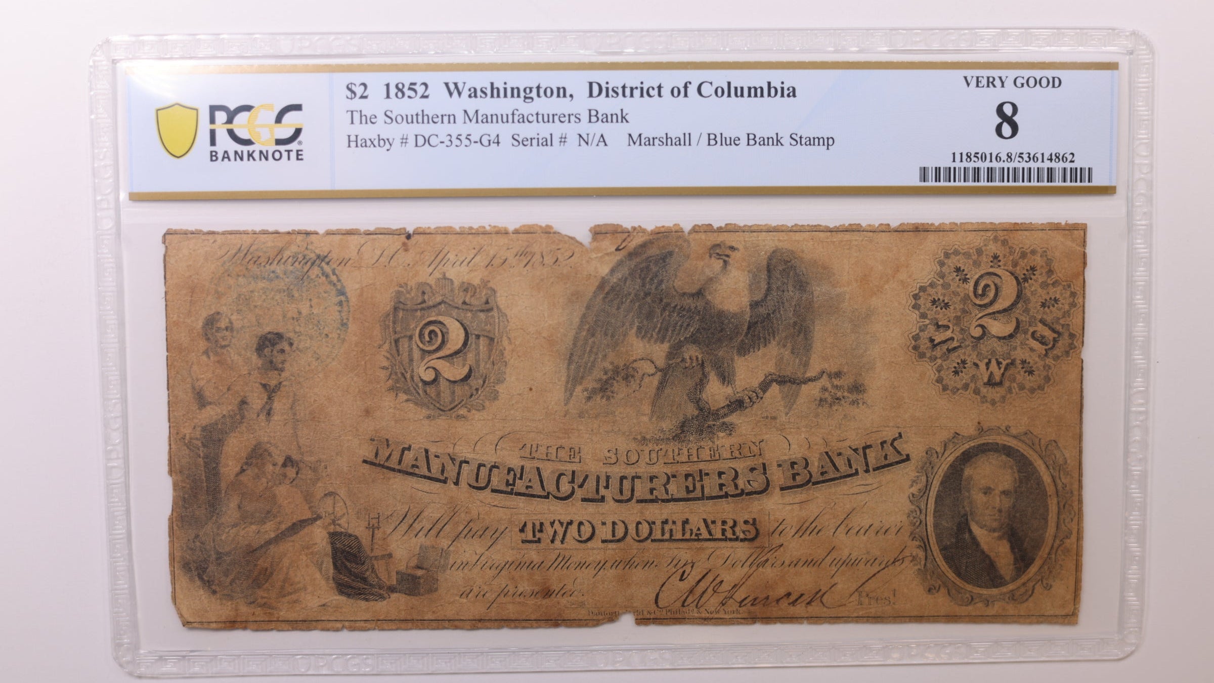1852 $2, Washington, D.C. Obsolete Currency , PCGS VG8, STORE #GDC079.
