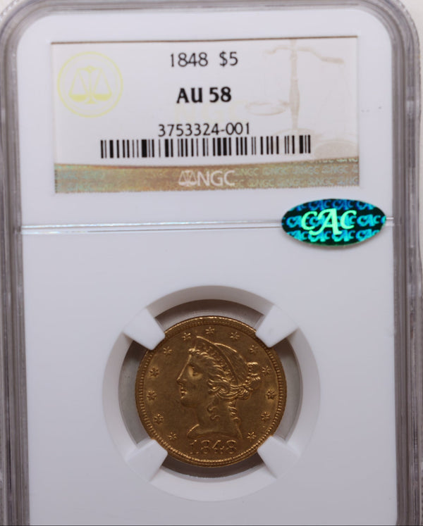 1848 $5, Gold Half Eagle, Nice Eye Appeal, NGC AU-58, CAC, Store Sale #G0151.