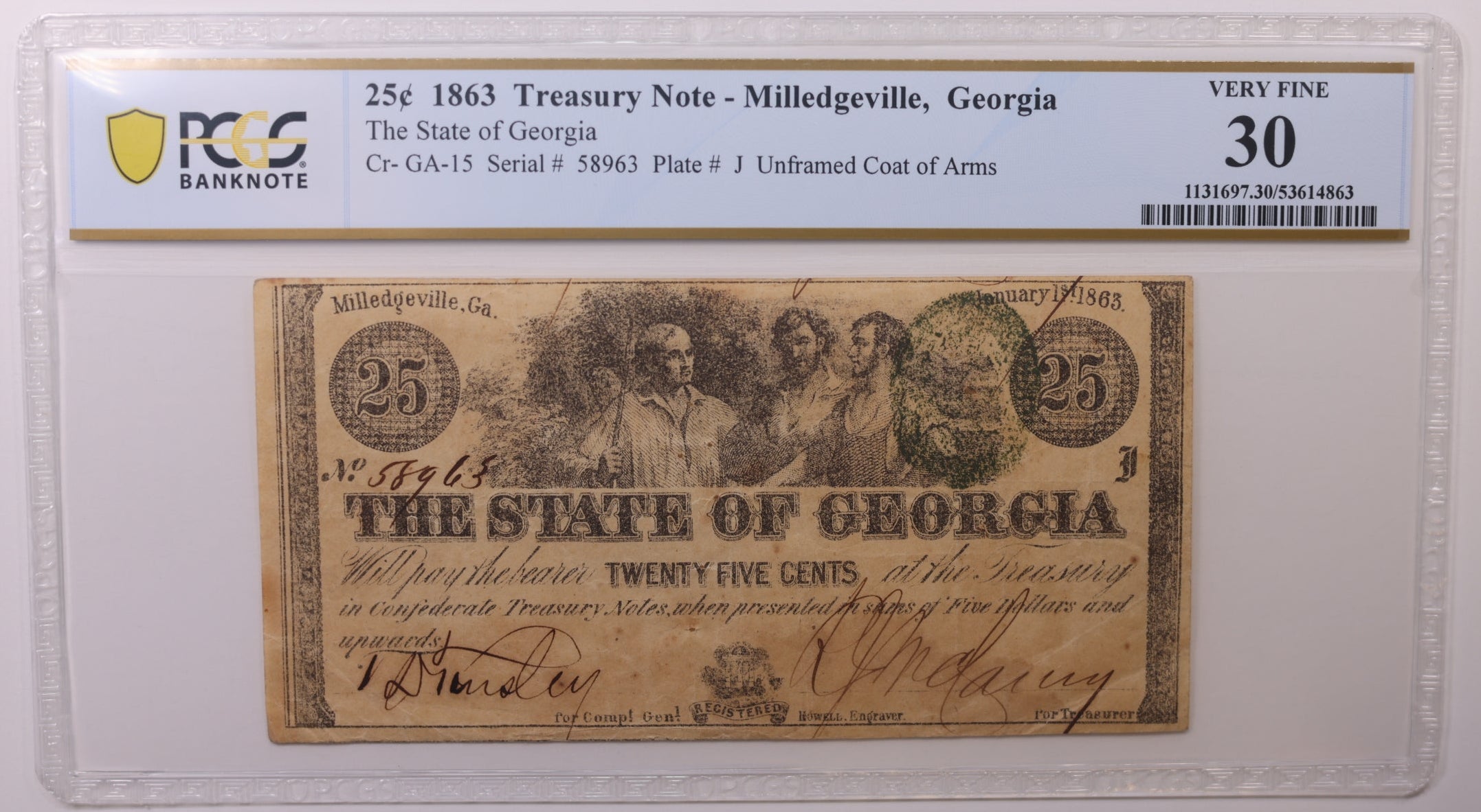 1863 25 Cents, Milledgeville, GA. Obsolete Currency., PCGS VF30, Store #GGA002