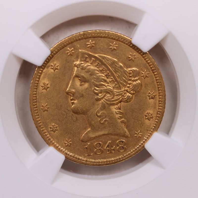 1848 $5, Gold Half Eagle, Nice Eye Appeal, NGC AU-58, CAC, Store Sale