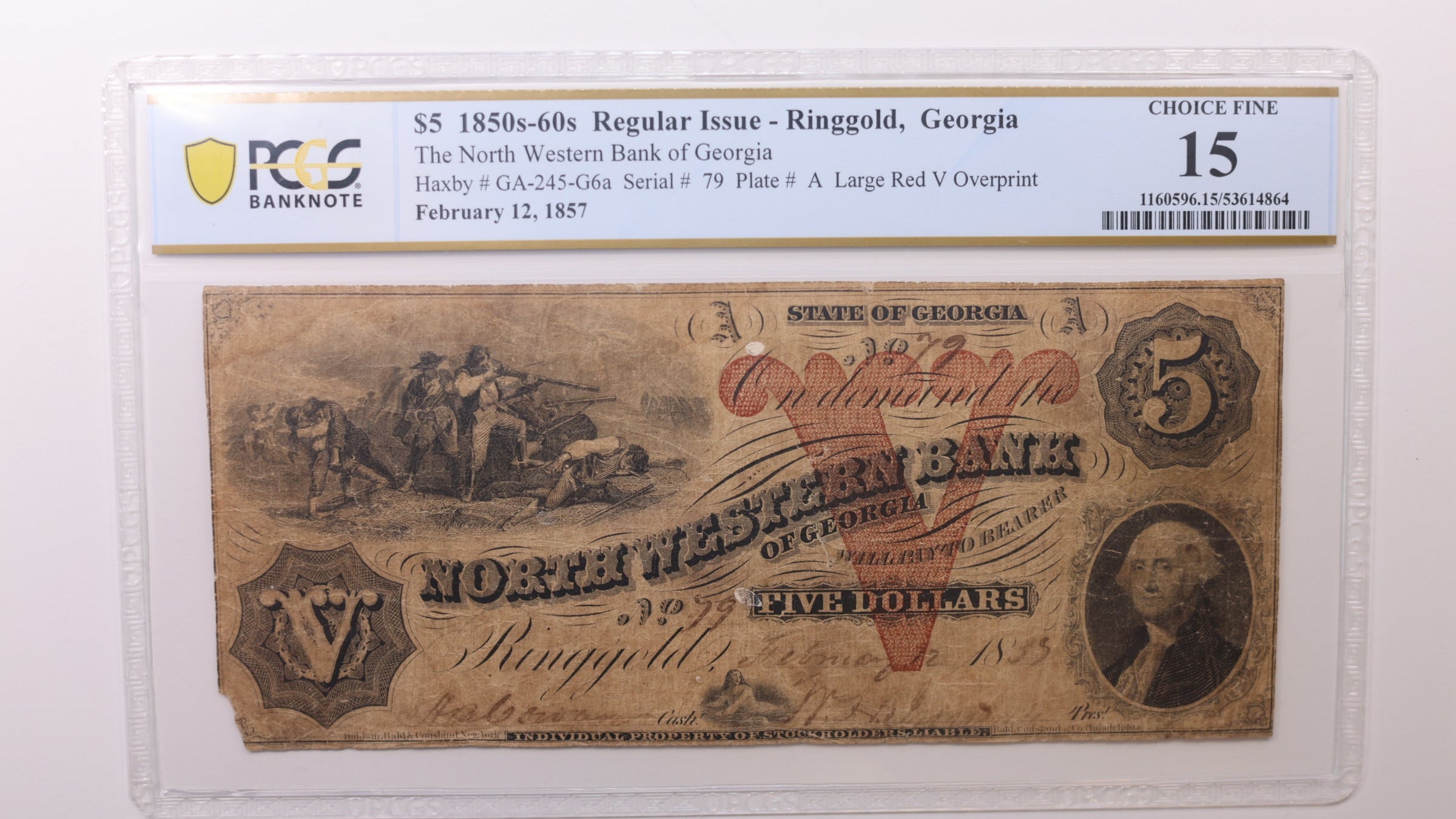1857 $5, Ringgold, GA. Obsolete Currency, PCGS Fine-15, Store #GGA003.